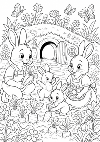 Kaninchen Familie ist ein kostenloses Ausmalbild mit klaren schwarzen Linien. PNG auf A4 ausdrucken für Zuhause, Kindergarten oder Schule.
