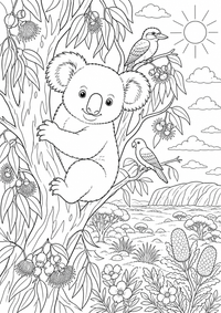 Koala Eukalyptus — página para colorir é uma página gratuita para colorir e imprimir em A4, com contornos pretos nítidos e áreas claras para colorir. Sem cadastro.