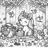 Entdecke ein magisches Picknick im Wald mit einem fröhlichen Einhorn und seinen Tierfreunden. Diese Malvorlage ist ideal für Kinder, die Freude am Ausmalen haben und in eine zauberhafte Welt eintauchen möchten. Lade das Bild herunter und bringe es mit deinen Lieblingsfarben zum Leben!