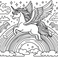 Tauche ein in eine magische Welt mit diesem zauberhaften Ausmalbild! Ein majestätisches Einhorn fliegt über einen leuchtenden Regenbogen, umgeben von funkelnden Sternen und fluffigen Wolken. Perfekt zum Entspannen und Kreativsein für Kinder jeden Alters.