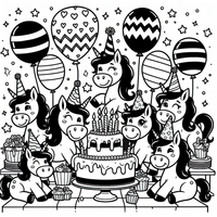 Feiere mit diesen fröhlichen Einhörnern bei einer bunten Geburtstagsparty! Lade diese Ausmalbild herunter und bringe die Feier mit deinen Lieblingsfarben zum Leben.