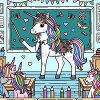 Tauche ein in die magische Welt der Einhörner mit diesem lustigen Malbild! Ein Einhorn-Lehrer erklärt spielerisch vor der Tafel, während seine bunte Einhorn-Klasse gespannt zuhört. Perfekt für junge Künstler, die Spaß und Kreativität lieben!