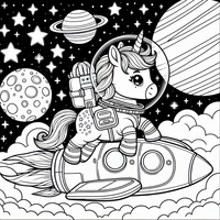 Entdecke die Magie des Universums mit diesem bezaubernden Ausmalbild eines Einhorns im Astronautenanzug, das auf einer Rakete durch den Weltraum fliegt. Lass deiner Fantasie freien Lauf und bringe die Sterne, Planeten und das niedliche Einhorn zum Leuchten!