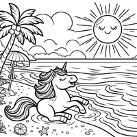 Entdecke das zauberhafte Einhorn, das an einem sonnigen Strand spielt! Diese wunderbare Malvorlage ist perfekt, um deiner Kreativität freien Lauf zu lassen und die Magie des Sommers zu genießen.