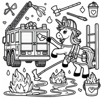 Erleben Sie die mutigen Abenteuer eines Einhorn-Feuerwehrmanns mit dieser spannenden Malvorlage. Perfekt für Kinder, die Fahrzeuge und magische Kreaturen lieben!
