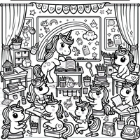 Tauche ein in die magische Welt der Einhorn-Klassenzimmer! Diese liebevolle Malvorlage zeigt süße Einhörner, die zusammen lernen und Spaß haben. Perfekt für kleine Künstler, die Einhörner lieben und ihre Kreativität ausleben möchten. Hol dir jetzt diese zauberhafte Seite zum Ausmalen!