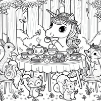 Bringen Sie Farbe in die bezaubernde Welt dieser Tierfreunde, die eine Tee-Party mit einem freundlichen Einhorn im Wald genießen. Dieses Malbild ist perfekt für kreative Kinder und Einhorn-Liebhaber!