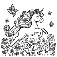 Erwecke dieses zauberhafte Einhorn zum Leben, das glücklich über eine Blumenwiese springt, umgeben von Schmetterlingen. Perfekt für alle kleinen und großen Künstler!