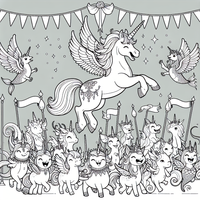 Mágica unicornio desfile es un dibujo de unicornio para colorear gratis, con contornos negros claros y detalles fáciles de imprimir para niños. Abre el archivo PNG, imprímelo en A4 y úsalo en casa, en el jardín de infancia o en la escuela.