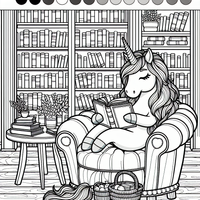 Entdecke die Magie der Phantasie mit diesem bezaubernden Ausmalbild eines gemütlich lesenden Einhorns in einer Bibliothek. Perfekt für alle Altersgruppen, um Kreativität zu fördern und Entspannung zu finden.