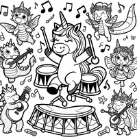 Tauche ein in eine magische Welt mit dieser bezaubernden Malvorlage! Ein fröhliches Einhorn und seine tierischen Freunde machen Musik und laden Kinder ein, ihre Kreativität zu entfalten. Perfekt zum Ausmalen und Spaß haben!