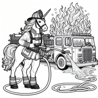 Dieses faszinierende Malbild zeigt ein mutiges Einhorn als Feuerwehrmann, das ein Feuer mit einem Wasserschlauch löscht. Perfekt für Kinder, die Fantasie und Abenteuer lieben!