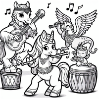 Erwecke diese wunderbare Szene mit Musik spielenden Einhörnern und anderen magischen Kreaturen zum Leben! Diese Ausmalseite ist perfekt für Kinder und Erwachsene, die Spaß am Ausmalen haben und ihrer Kreativität freien Lauf lassen wollen.