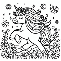 Tauchen Sie in eine fantastische Welt ein und malen Sie dieses bezaubernde Einhorn inmitten von Blumen und Sternen aus. Perfekt für kleine Künstler!