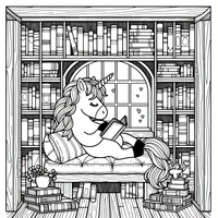 Tauche ein in die entspannende Welt dieses Einhorns, das in seiner gemütlichen Bibliothek ein Buch liest. Diese Malvorlage bietet eine Mischung aus Fantasie und Ruhe inmitten von Regalen voller Bücher. Perfekt für Kinder und Erwachsene.