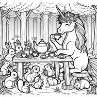 Tauche ein in eine magische Welt mit dieser zauberhaften Ausmalvorlage! Ein liebes Einhorn genießt eine Teezeit im Wald, umgeben von niedlichen Waldbewohnern. Perfekt für kleine Künstler und große Träumer!