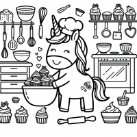 Tauche ein in die magische Welt des Backens mit diesem süßen Einhorn! Diese Malvorlage zeigt ein Einhorn mit Kochmütze, das in einer Küche leckere Cupcakes bäckt. Perfekt für alle kleinen und großen Künstler, die Backen und Einhörner lieben! Lade jetzt diese fröhliche Malvorlage herunter und bringe Farbe in die Küche!