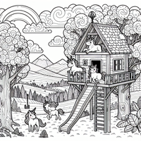 Tauche ein in eine magische Welt mit dieser entzückenden Malvorlage eines Einhorn-Baumhauses. Lass deiner Fantasie freien Lauf und bringe das fantasievolle Bild mit deinen Lieblingsfarben zum Leben.