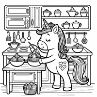 Dieses zauberhafte Ausmalbild zeigt ein niedliches Einhorn, das in einer Küche köstliche Cupcakes verziert. Perfekt für kleine Künstler, die Spaß am Backen und Ausmalen haben!
