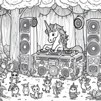 Unicornio DJ en el bosque mágico es un dibujo de unicornio para colorear gratis, con contornos negros claros y detalles fáciles de imprimir para niños. Abre el archivo PNG, imprímelo en A4 y úsalo en casa, en el jardín de infancia o en la escuela.