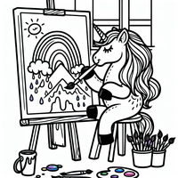 Diese bezaubernde Ausmalseite zeigt ein kreatives Einhorn, das ein Gemälde eines Regenbogens malt. Perfekt für Kinder, die Fantasie und Kunst lieben.