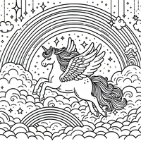 Diese malerische Ausmalseite zeigt ein geflügeltes Einhorn, das durch eine traumhafte Welt voller Regenbögen und Wolken fliegt. Perfekt für Kinder, die magische Wesen und fantasievolle Szenen lieben. Bereiten Sie Ihre Buntstifte vor und tauchen Sie ein in die zauberhafte Welt des farbenfrohen Einhorns!