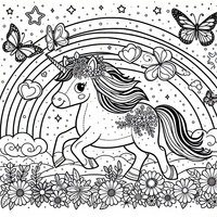 Tauchen Sie in die magische Welt dieses bezaubernden Malvorlage mit einem majestätischen Einhorn, umgeben von Schmetterlingen, Blumen und einem freundlichen Regenbogen ein. Ideal für Kinder und Einhorn-Liebhaber!