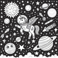 Tauche ein in ein zauberhaftes Weltraumabenteuer mit diesem wunderbaren Malbild! Ein fliegendes Einhorn im Astronautenanzug erkundet das Universum, umgeben von Planeten, Sternen und Raketen. Lass deiner Kreativität freien Lauf und erwecke dieses magische Szenario zum Leben!