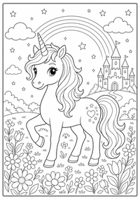 Ein freundliches Einhorn steht in einer Blumenwiese vor Schloss, Regenbogen und Sternen. Kostenloses Einhorn Ausmalbild mit klaren Konturen für Kinder.