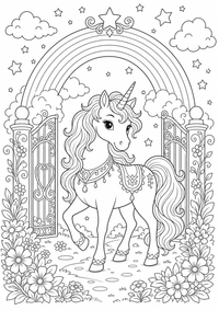 Ein magisches Einhorn steht vor einem Regenbogen Tor mit Sternen, Wolken und großen Flächen zum Ausmalen. Kostenloses Ausmalbild zum Ausdrucken als druckbare PNG-Datei für A4.