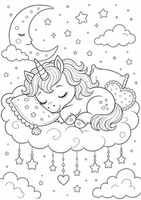 Ein schlafendes Baby Einhorn liegt auf einer Wolke mit Mond, Sternen und einfachen Konturen für Kinder. Kostenloses Ausmalbild zum Ausdrucken als druckbare PNG-Datei für A4.
