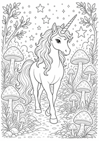 Einhorn Sternenwald ist ein kostenloses A4-Ausmalbild mit klaren schwarzen Konturen zum Ausdrucken.