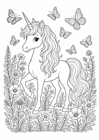 Einhorn Schmetterlinge ist ein kostenloses A4-Ausmalbild mit klaren schwarzen Konturen zum Ausdrucken.