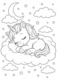 Einhorn Wolkenbett ist ein kostenloses A4-Ausmalbild mit klaren schwarzen Konturen zum Ausdrucken.