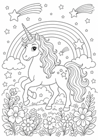 Einhorn Sternschnuppen ist ein kostenloses A4-Ausmalbild mit klaren schwarzen Konturen zum Ausdrucken.