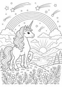 Einhorn Sternschnuppen ist ein kostenloses A4-Ausmalbild mit klaren schwarzen Konturen zum Ausdrucken.