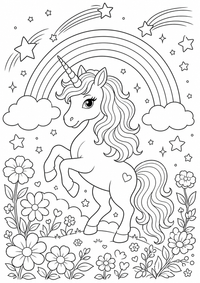 Einhorn Sternschnuppen ist ein kostenloses A4-Ausmalbild mit klaren schwarzen Konturen zum Ausdrucken.