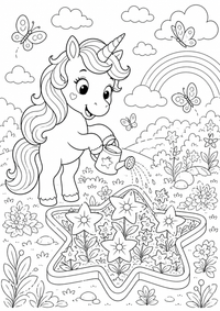 Einhorn im Sternblumengarten zeigt eine detailreiche Szene mit Einhorn, Blumen, Sterne und magischen Details. Dieses kostenlose A4-Ausmalbild mit klaren schwarzen Konturen auf weißem Hintergrund ist zum Ausdrucken geeignet.