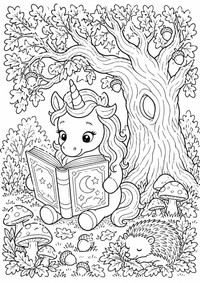 Einhorn mit Märchenbuch unter einer Eiche zeigt eine detailreiche Szene mit Einhorn, Blumen, Sterne und magischen Details. Dieses kostenlose A4-Ausmalbild mit klaren schwarzen Konturen auf weißem Hintergrund ist zum Ausdrucken geeignet.
