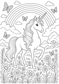 Einhorn auf der Regenbogenwiese ist ein kostenloses A4-Ausmalbild mit klaren schwarzen Konturen auf weißem Hintergrund zum Ausdrucken.