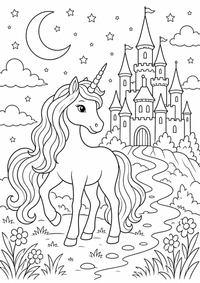 Einhorn vor dem Mondschloss ist ein kostenloses A4-Ausmalbild mit klaren schwarzen Konturen auf weißem Hintergrund zum Ausdrucken.