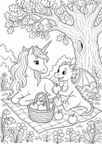 Einhorn und Drache beim Waldpicknick ist ein kostenloses A4-Ausmalbild mit klaren schwarzen Konturen auf weißem Hintergrund zum Ausdrucken.