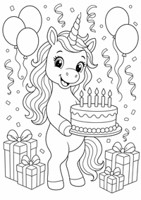 Einhorn-Geburtstag mit Kuchen ist ein kostenloses A4-Ausmalbild mit klaren schwarzen Konturen auf weißem Hintergrund zum Ausdrucken.