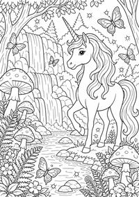 Einhorn am Wasserfall im Zauberwald ist ein kostenloses A4-Ausmalbild mit klaren schwarzen Konturen auf weißem Hintergrund zum Ausdrucken.