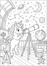 Einhorn mit Sternkarte und Fernrohr ist ein kostenloses A4-Ausmalbild mit klaren schwarzen Konturen auf weißem Hintergrund zum Ausdrucken.