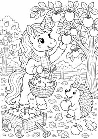 Einhorn bei der Apfelernte im Herbst ist ein kostenloses A4-Ausmalbild mit klaren schwarzen Konturen auf weißem Hintergrund zum Ausdrucken.