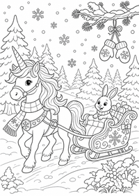 Einhorn mit Schlitten im Winterwald ist ein kostenloses A4-Ausmalbild mit klaren schwarzen Konturen auf weißem Hintergrund zum Ausdrucken.
