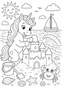 Einhorn und Sandburg am Meer ist ein kostenloses A4-Ausmalbild mit klaren schwarzen Konturen auf weißem Hintergrund zum Ausdrucken.