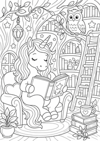 Einhorn liest im Zauberbaum ist ein kostenloses A4-Ausmalbild mit klaren schwarzen Konturen auf weißem Hintergrund zum Ausdrucken.