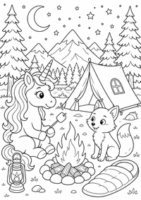 Einhorn beim Zelten unter Sternen ist ein kostenloses A4-Ausmalbild mit klaren schwarzen Konturen auf weißem Hintergrund zum Ausdrucken.